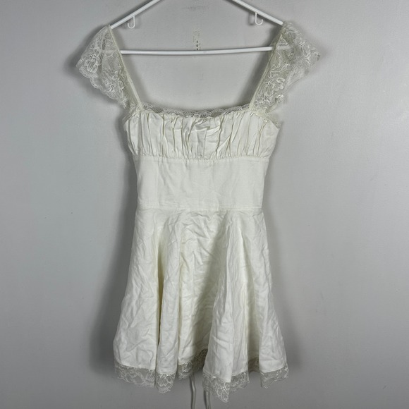 House of CB Kaia Ivory A-Neck Corset Mini Dress Back Lace Womens Sz Small Linen - Picture 10 of 16